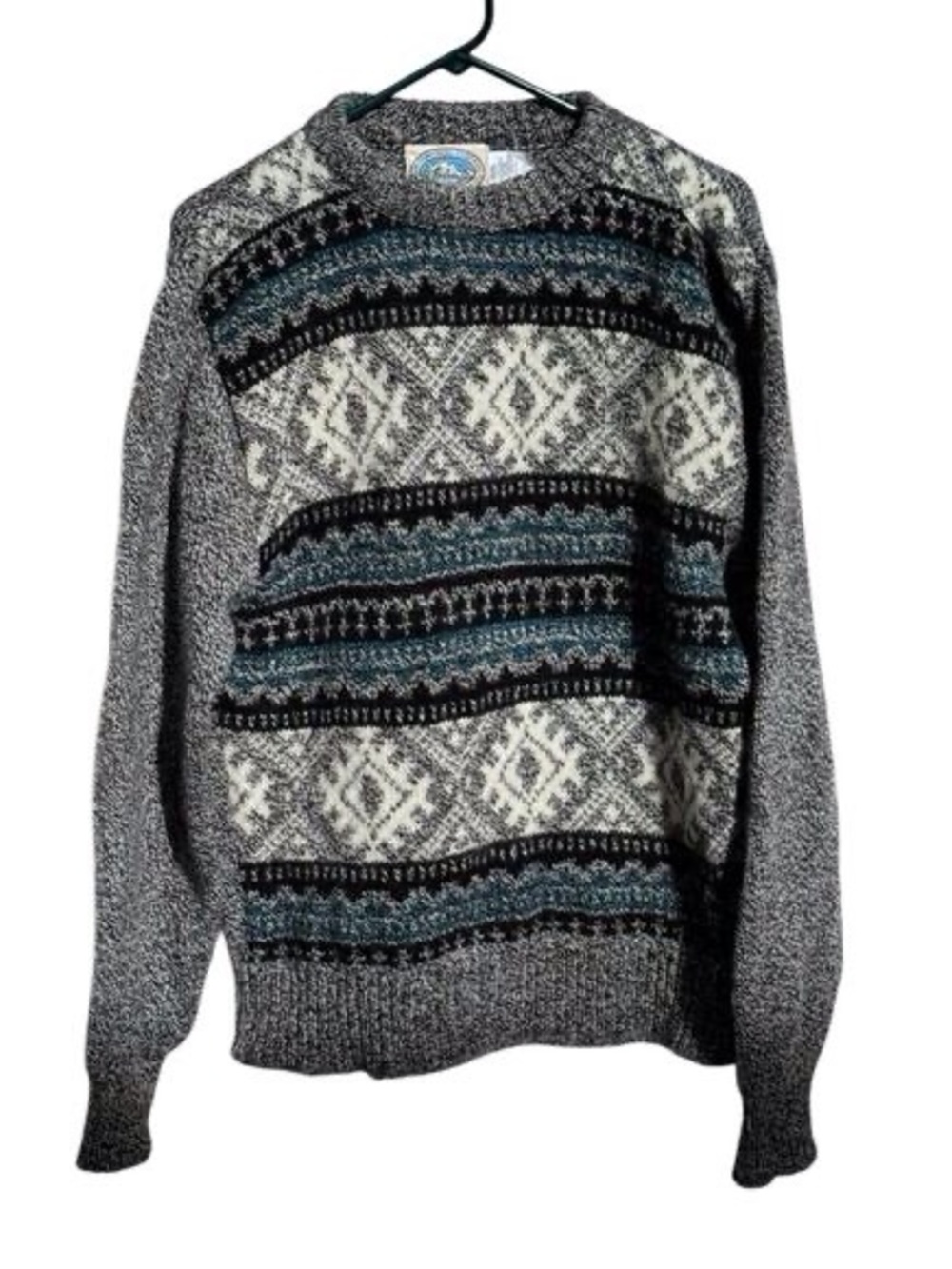Men's Gray Patterned Crewneck Sweater with Teal Accent
